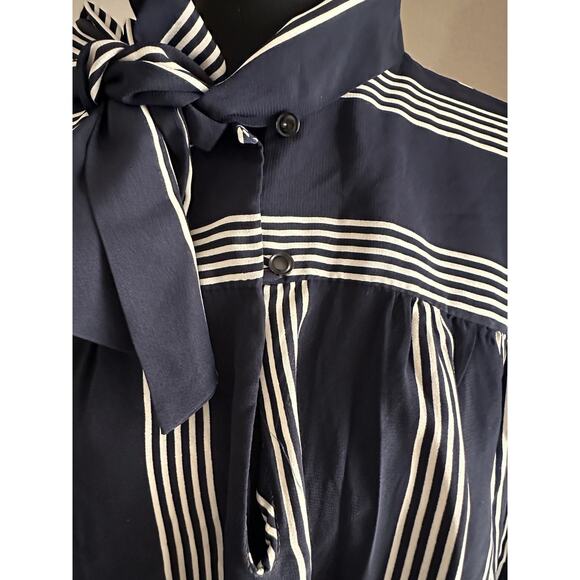 Vtg Chez California Designed By Tandy Navy White Striped Collar Neck Tie Dress - Picture 5 of 13